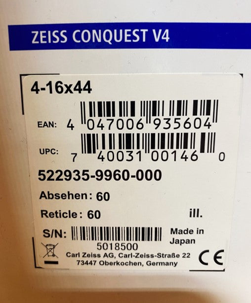 Zeiss Conquest V4 4-16x44 Reticle 60 Hunter Turrets