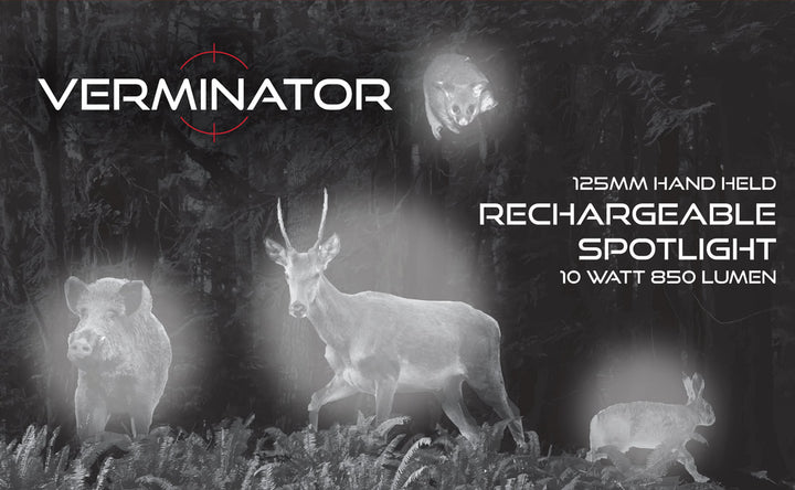 Verminator 125mm Hand Held Rechargeable Spotlight WHITE 850 lumens 10w